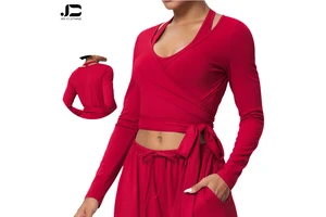 New Women's Solid Color Brushed Fabric Fast Dry Tight Cross Strap V-neck Long Sleeve Sports Running Fitness Yoga Clothes