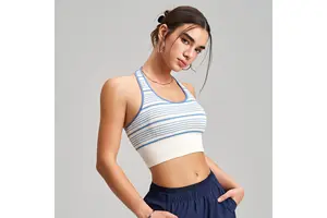 Women's Lightweight Halter Neck Sports Bra Color Block Striped Yoga Top Quick-Dry Breathable Padded Fitness Tank for Sports
