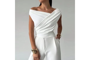 Short Sleeves Skinny Asymmetric Pleated Solid Color Split-Joint Asymmetric Neckline Women's T-Shirts Tops