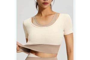 FH Color Blocked Modern Yoga Top Short Sleeved Breathable Shock-absorbing Belt Chest Cushion Fitness Training Sports Top