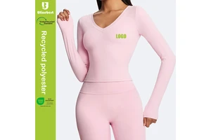 Recycled Polyester Women's Eco-Friendly Long Sleeve Yoga Top V-neck Slim Fit High Elastic Stretchy Sports Yoga t Shirts