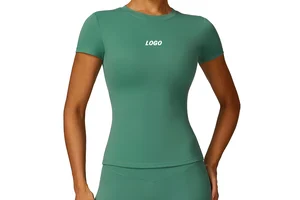 Custom Women Essentially O Shape Mini Neck Workout Yoga Slim Fit Tank Top Short Sleeves Shirt Basics Women Running Gym Tops
