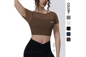 Women Faux Two-Piece Mesh Fitness Top Short Sleeve Built-In Bra Cropped Quick Dry Yoga Sports Shirt