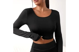 Plain Round Neck Black Braided Detail Cut Out Backless Women Long Sleeve Thumb Hole Crop Yoga Crop Top Gym Tee
