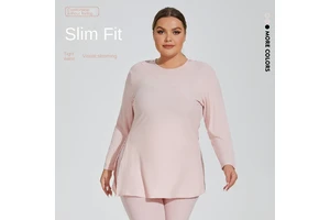 Women's Plus Size Long Sleeve Sports Top Lightweight Casual Hood Front Logo Yoga Fitness T-Shirt Slim Hem Side Split Print