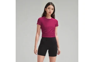 Summer Lulu Women's Yoga Short Sleeve Top Breathable Quick-Dry Slim-Fit Tight Ribbed Spandex High-Elastic Running Shirt
