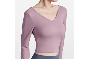 Custom Logo Integrated Padded Yoga Top Women Cross-Back Long Sleeve Gym Shirt 75/25 Nylon One-Stop Scaling Service