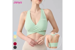 Janya Women's New Breathable Deep V-Neck Halter Cross-Cut Gym Fitness Tank Top Sexy Printed Yoga Bras Fixed Pads Sports Bra