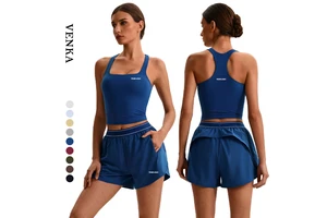 Women Plus Size Summer Nude Feel Fitness Suit Racerback Tank Top Loose Pockets Running Shorts Quick Dry Breathable Yoga Front