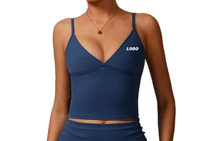 Custom Solid Eco Friendly Recycled Gym Wear Yoga Padded Deep V Neck Tank Top Fitness Crop Top Women Workout Padded Vest