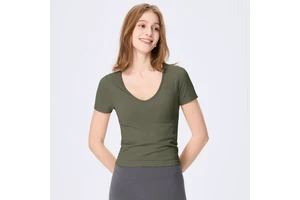 Fixed-cup Sports Short-sleeved T-shirt Women's High Elasticity Running Fitness Top Tight Elastic Yoga Wear U-neck Short Sleeves