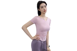 Plus Size Yoga T-shirt Small V-neck Short Sleeve Waist Folding Tight Quick Drying Sports T-shirt Running Training Fitness Wear
