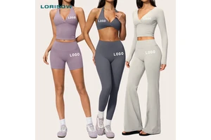 LORISOW Wholesalers Gym Fitness V Neck Long Sleeve Sports Wear High Waist Legging Plus Size Custom Yoga Set 6 Piece Activewear