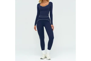Solid Breathable Spandex/Nylon Nine Quarter Sleeve Contrast Stitch Yoga Suit Double Layer Shoulder Strap Women's 2-Piece