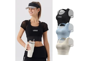 Customized Mesh 2 in 1 Yoga Tops Breathable Running Active Built-in Fixed Pads Slim Fit Cropped Short Sleeve T Shirt for Women
