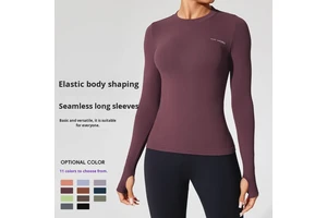 Women's Long-sleeved Fleece Sports Top Slimming Quick Drying Crew Neck Tight-fitting Solid Color Pullover Yoga Running T-shirt