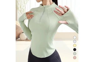 High Quality Breathable Stand Collar Half Zip Fitness Long Sleeves Crop Tops Finger Hole Yoga Training SKINNY Fit Jacket Front