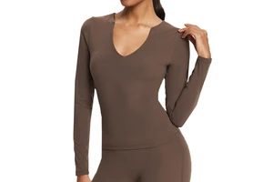 OEM Women's V-Neck Long Sleeve Yoga Top Compression Sports Shirt Elastic Slim Training Breathable Four-Way Stretch T-shirts