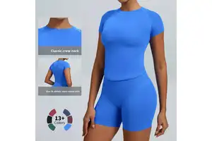 High Impact Short Sleeve Workout Top & Shorts Lightweight Workout Gym Crop Top Yoga Top Shirt Longline Stretch Shirts & Shorts