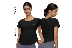 Women Solid Color Round Neck Short Sleeve Sport Gym Top Workout Clothing Female Mesh Splicing Design Slim Fit Yoga T Shirt