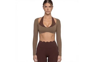 Women's Solid Two-piece Sweat-Wicking Sports Long-sleeved Halter Neck Pilates Yoga Clothes Slim-fit Fitness Sports Top