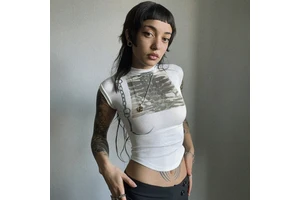 Street Trendy American Stylishprintingsexy T Shirt 2025 Skinny Slimming Turtleneck Short Sleeve Top Casual Women's Clothing