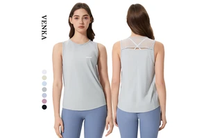 Women Summer Sports Tank Top Thin Mesh Hollow Out Top Sleeveless Crew Neck Quick Dry Breathable Workout Gym Round Neck Yoga Wear