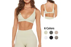 Women's Slim Fit Sports Bra With Padded V Cut Cross Waist Low Impact Spaghetti Strap Gym Top Plus Size Breathable Solid Yoga Bra