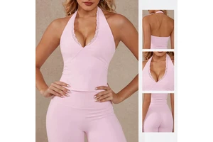 Yoga Tank Top V-Neck Halter Straps Built-in Padded Cups Lift Support Slimming Silhouette Solid Plus Size Bare-Back Design