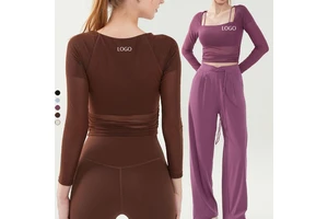 XW-MZ-177 Wholesale Side Waist Pleats Soft Long Sleeves Breathable Fixed Bra Pads Comfortable Yoga Top for Women