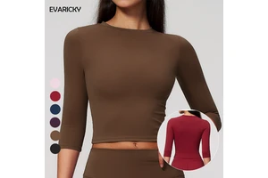 EVARICKY Tight Fitting Fast Dry Sport Sleeve Women Yoga Clothes Round Neck Crop Top Outdoor Sports Running Fitness Workout Top