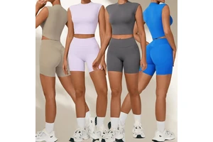 Female Sleeveless Gather Vest High Waist Shorts Yoga Sets Women Round Neck Top Hip Lift Short Pants Suits for Fitness Running