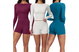 TZ2551-4 Long Sleeve Comfortable Crew Neck Yoga Top High Elastic Sports Shorts Cream Matte Yoga 2 Pieces Set