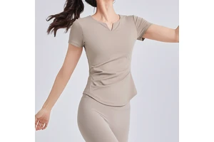 New Summer Women's V-neck Ruffled Yoga Short-sleeve Top with Shockproof Fixed Cups Slimming for Sports Fitness Anti-UV Quick-Dry