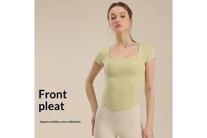 Spring Summer Rib Chest Mat Yoga Clothing Nine Quarter Sleeve Square Collar Close-Fitting Pleated Waist Fitness Outdoor Top