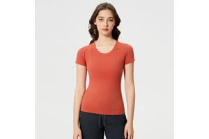 Spring Summer New Ladies Lightweight Short Sleeve Neck Sports T-Shirt Running Fitness Top Slim Breathable Yoga Four-Way Stretch