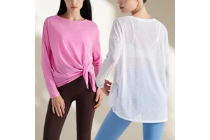 Breathable Workout Tops Round Neck Bottom Side Split Sports Blouse Loose Long Sleeve Gym Fitness Shirts Yoga T-Shirt for Women