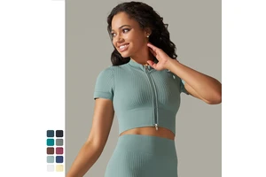 Women's Lightweight Seamless Knitted Collar Zipper T-shirt Solid Color Sports Running Fitness Yoga Top Short Sleeve Breathable