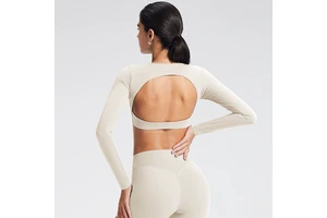 Women Hollow Back Lightweight Yoga Crop Top Long Sleeve Breathable Tight Fit Fitness Training