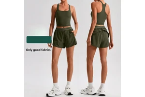 2026 Women Custom Logo Built In Vests Race Back Gym Tops High Waist Double Layers Shorts Workout Gym Fitness Women's Yoga Set