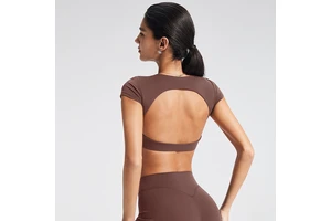 Women Athletic Crop Top Short Sleeve Breathable Tight Fit Backless Yoga Running Fitness Top