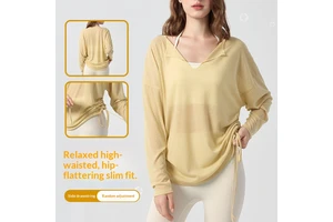 Women Lapel Thin Solid Color Loose Yoga Long Sleeve Autumn Winter Waist Cinching Slim Pilates Top