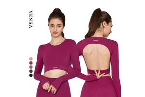 Women Training Clothing Slim Tights Fitness Backless Thumb Hole Design Shirts Tops Woman Round Neck Yoga Long Sleeve T Shirts