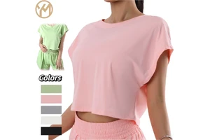 Yimo Women Round Neck Short Sleeves Workout Shirt Female Loose Simple Yoga Top Lady Quick Drying Solid Color Running T-shirt
