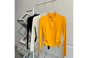 DK25065 Long Sleeved Fitness Suit Top Half Zipper Stand up Collar Drawstring Pleated Slim Fit Yoga Outfit for External Wear