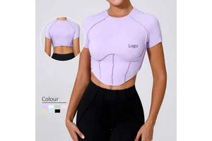 Wholesale Summer Woman Nude Yoga Short Sleeve Chestless Pad Quick Drying Skinny Fit Three-dimensional Fitness Crop Top