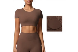 In-stock Breathable Spandex/Nylon Double-sided Brushed Yoga Top Built-in Bra Tight-fitting Short-sleeve T-shirt Pilates Top