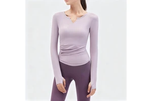 Yoga Clothes Long-sleeved Running Sports Top V-neck Nude Fitness Top Women's with Bra Pads