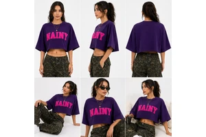 Oversized Crop Top Women Chenille Embroidery T Shirt Loose Fit Cotton Cropped Tee Streetwear Fashion Summer Wear