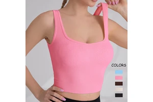 Women Ribbed Seamless Yoga Shirts Lady Square Neck Open Back Gym Top Female Gather Thick Shoulder Strap Running Fitness T Shirt